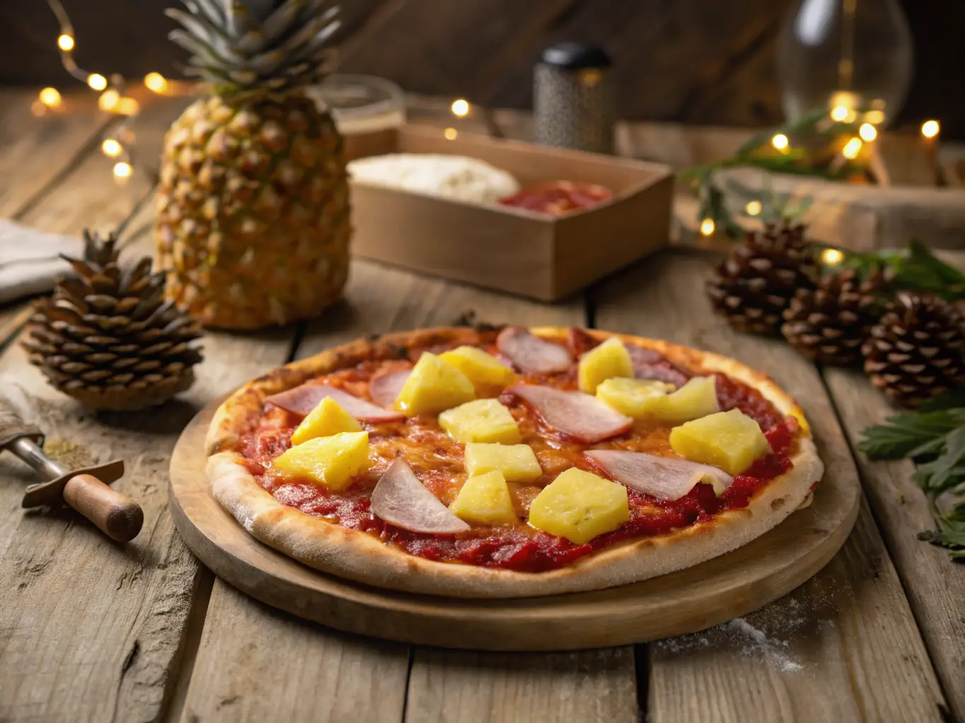 A close-up shot of a Hawaiian pizza, showcasing the juicy pineapple chunks, savory ham, melted cheese, and a perfectly golden crust.