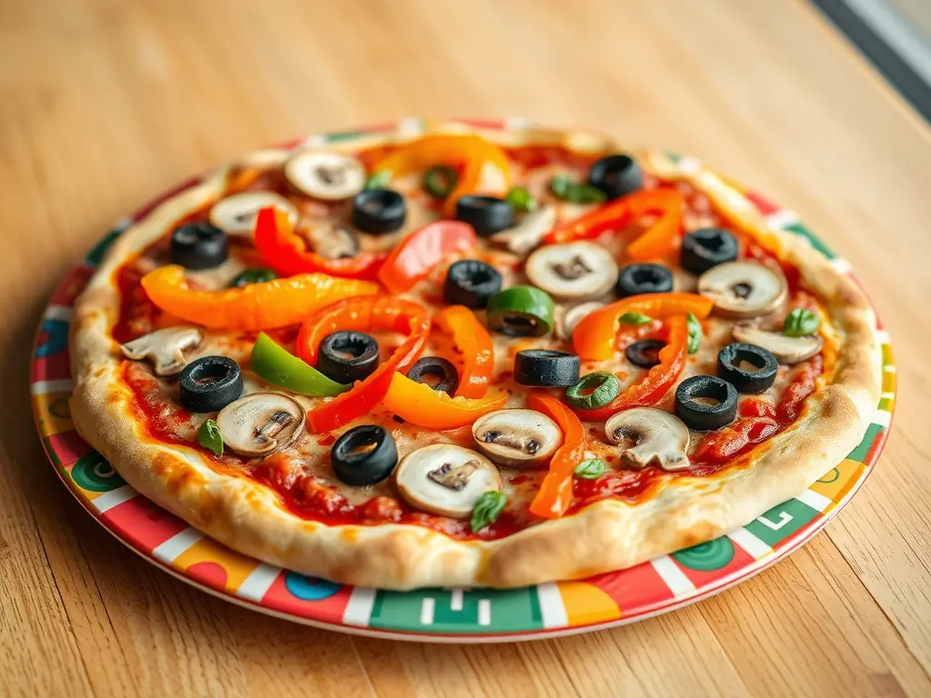A vibrant image of a vegetarian pizza loaded with colorful vegetables like bell peppers, mushrooms, onions, and olives, highlighting the fresh and healthy options available at Pizza 73.