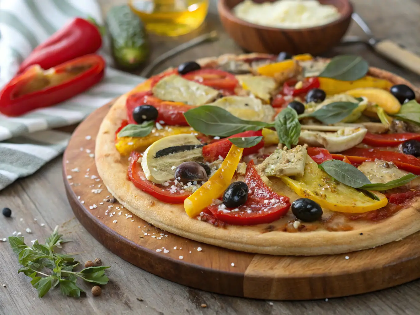 A vibrant image of a gourmet pizza with a variety of toppings such as artichoke hearts, sun-dried tomatoes, and feta cheese, highlighting the sophisticated flavors and high-quality ingredients.
